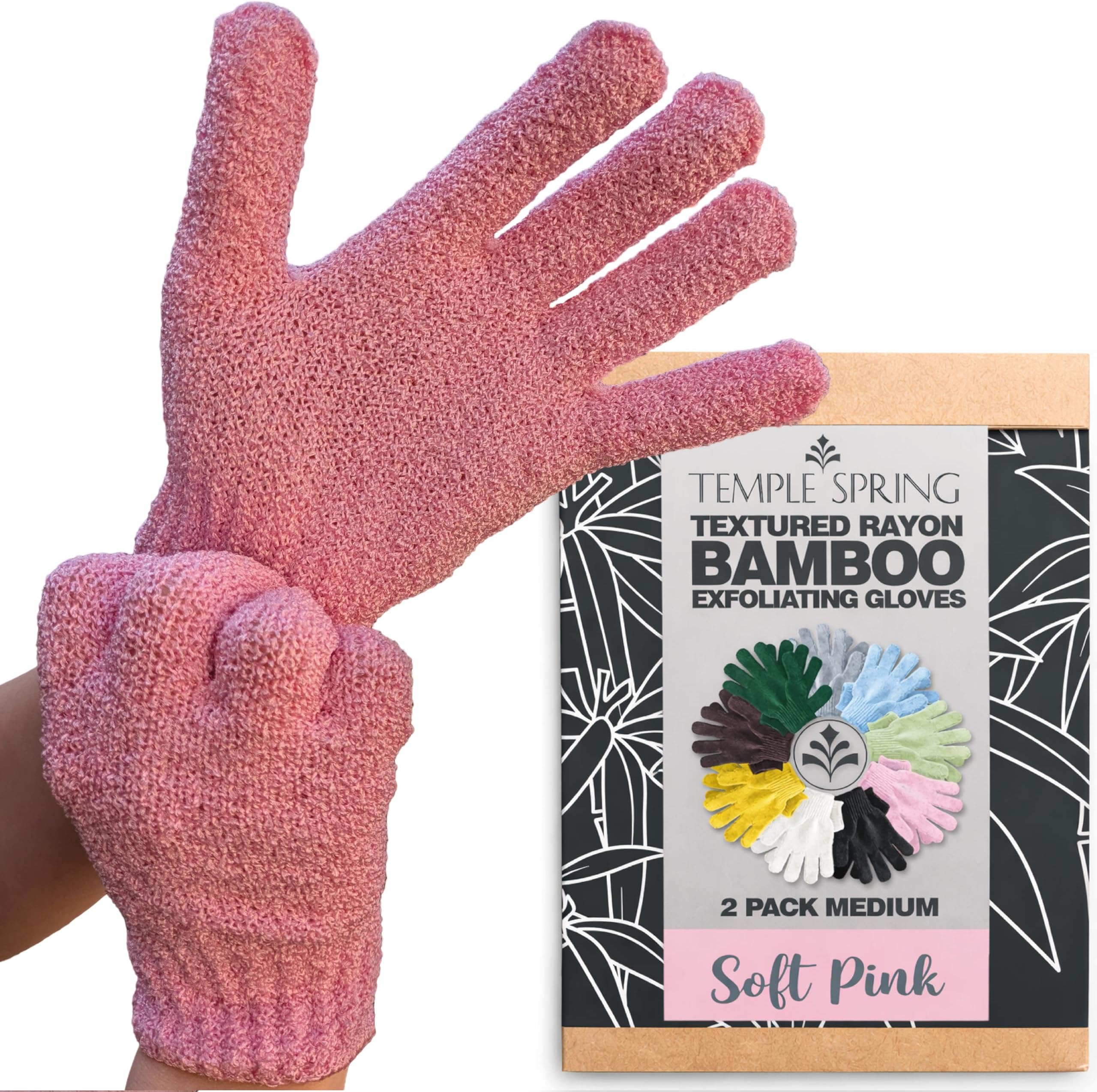 Temple Spring Exfoliating Glove, Rayon Bamboo Body Scrubber, Loofah Exfoliating Mitt, Shower Scrubber Wash Cloth, Body Exfoliator Scrub, Loofa Shower Gloves Bath Sponge - Pink