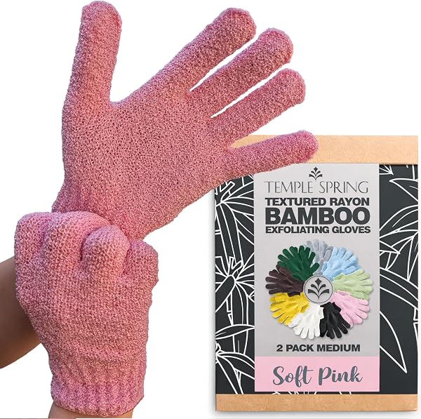 Temple Spring Guante Exfoliante Corporal, Exfoliante Cuerpo Esponja, Guante Autobronceador, Bambú Manoplas Baño, Exfoliating Glove – Rosa - 1