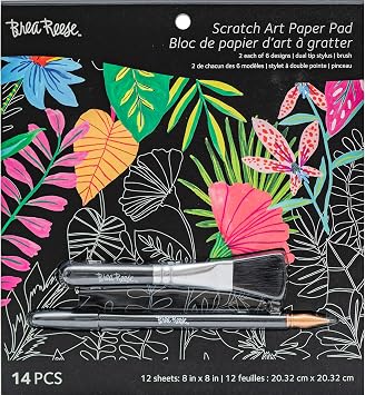 Brea Reese Scratch Art Paper Pad - Tropical 12 Sheets Metallic Craft Set | Guided 8x8 Designs with 2-Sided Stylus and Brush - Perfect for Framing Home Decor and Mindful Relaxation for All Skill Levels