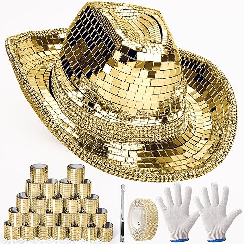 PP OPOUNT Sombrero de vaquero de disco para bricolaje, kit de fabricación de sombrero de disco dorado con sombrero de vaquero blanco y 11328
