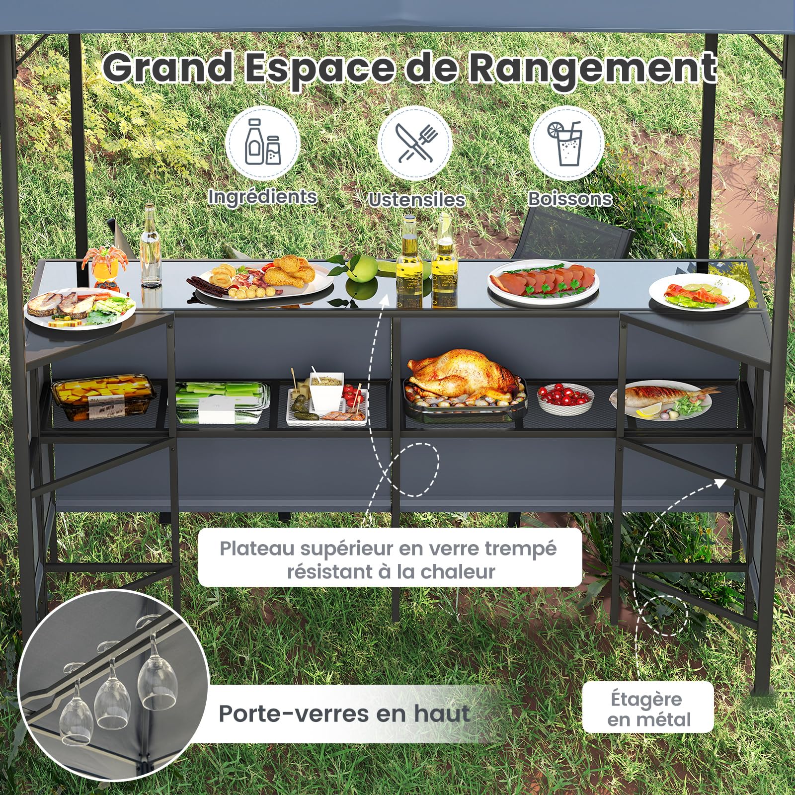 RELAX4LIFE Tonnelle avec Comptoir et 2 Tabourets | Bar Exterieur Jardin