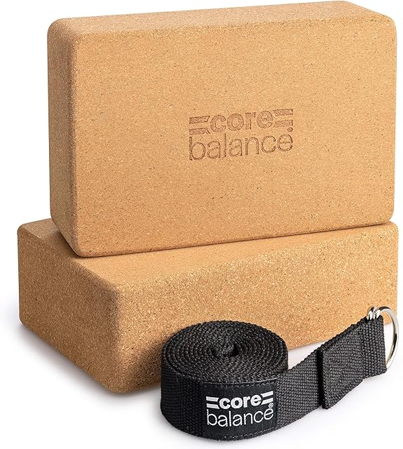 Core Balance Yoga Blocks and Strap Set Natural Anti Microbial Cork With Adjustable D Ring Cotton Belt (Pack includes 2 bricks)