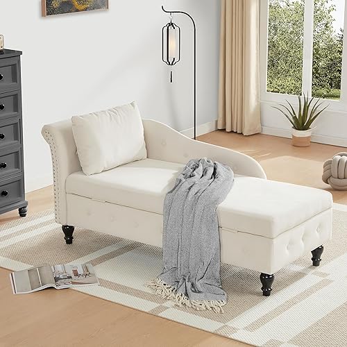 Miniatura 9 de Chaise Lounge Indoor with Storage, Upholstered Chaise Lounges Couch with Pillow for Living Room, Bedroom and Office, Modern Nailhead-Trimmed Tufted