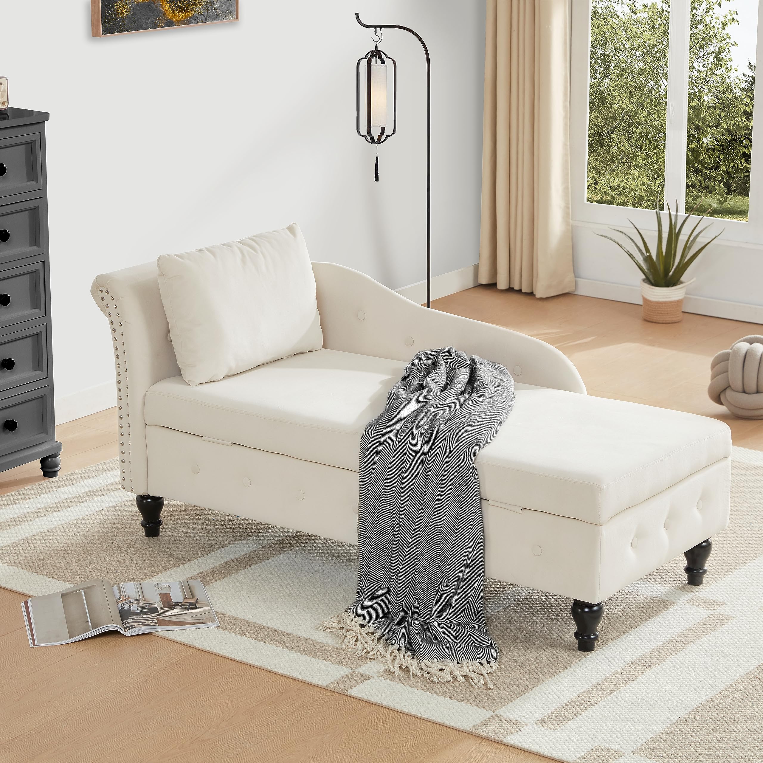 Chaise Lounge Indoor with Storage, Modern Nailhead-Trimmed Tufted Lounge Chair, Upholstered Chaise Lounges Couch with Pillow for Living Room, Bedroom, Office, Beige, Left Armrest