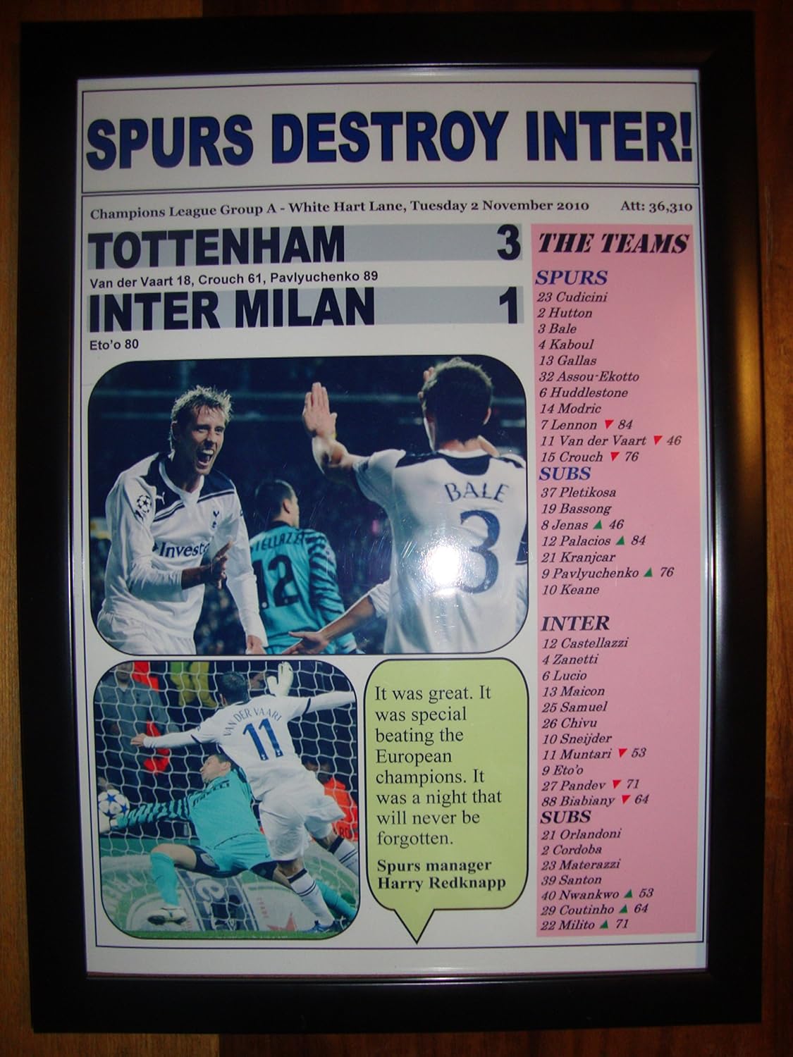 Lilywhite Multimedia Tottenham Hotspur 3 Inter Milan 1-2010 Champions League - framed print
