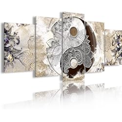 Paneles Decorativos Para Salon DekoArte - Cuadros Modernos Impresión de Imagen Artística Digitalizada | Lienzo Decorativo Para Tu Salón o Dormitorio | Estilo Ying Yang Abstractos Zen Colores Beig Marrón | 5 Piezas 200 x 100 cm XXL