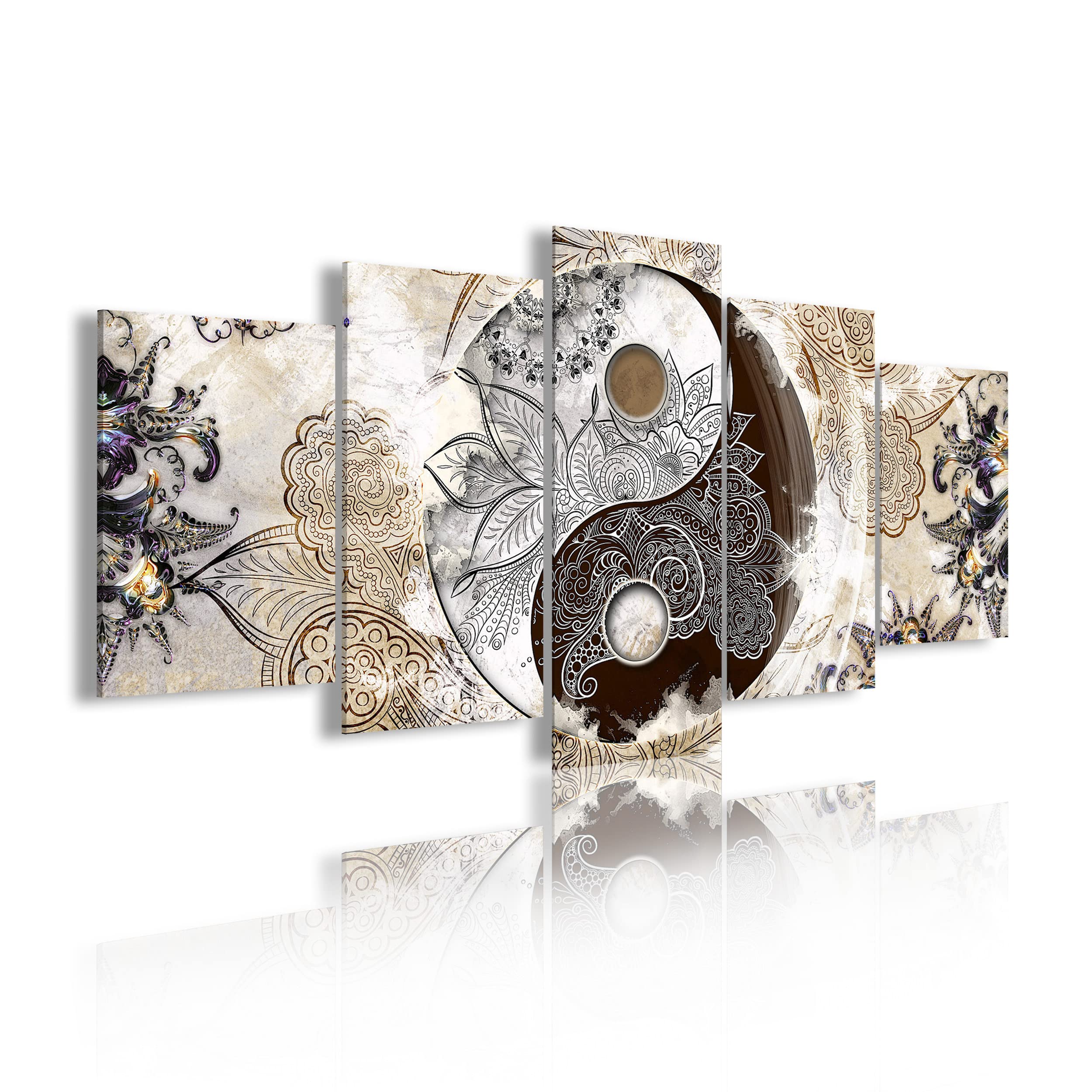 DekoArte - Cuadros Modernos Impresión de Imagen Artística Digitalizada | Lienzo Decorativo Para Tu Salón o Dormitorio | Estilo Ying Yang Abstractos Zen Colores Beig Marrón | 5 Piezas 200 x 100 cm XXL