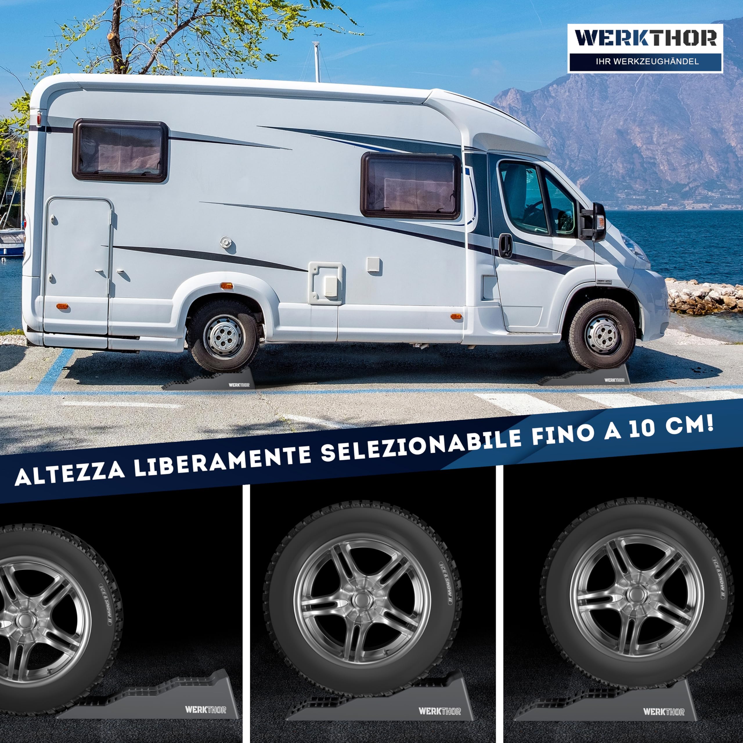 WERKTHOR Cunei per Camper [Grigio Set 2 Pezzi] con Borsa | Cunei Livellatori Camper fino 5T per Roulotte Van | Pedane Auto Sollevamento Resistenti Antiscivolo