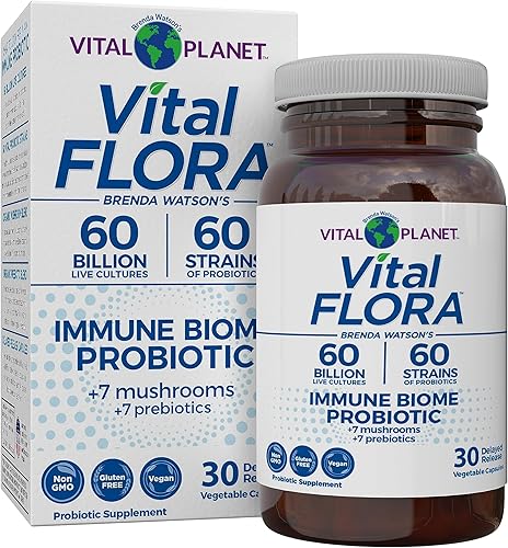 Vital Planet - Probiótico de apoyo inmunológico Vital Flora, 60 mil millones de UFC, diversas cepas, mezcla de suplementos orgánicos de hongos con