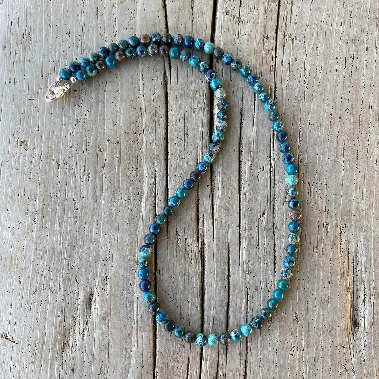 Handmade 4mm Blue Sea Sediment Jasper Bead Necklace Strand, Small Blue Stone Beaded Necklace