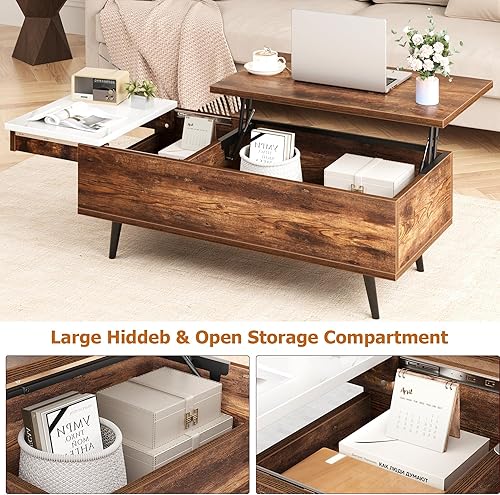 Miniatura 4 de IDEALHOUSE Mesa auxiliar elevadora 2024, mesa auxiliar de madera con estante de almacenamiento, compartimento oculto y barra de elevación hidráulica