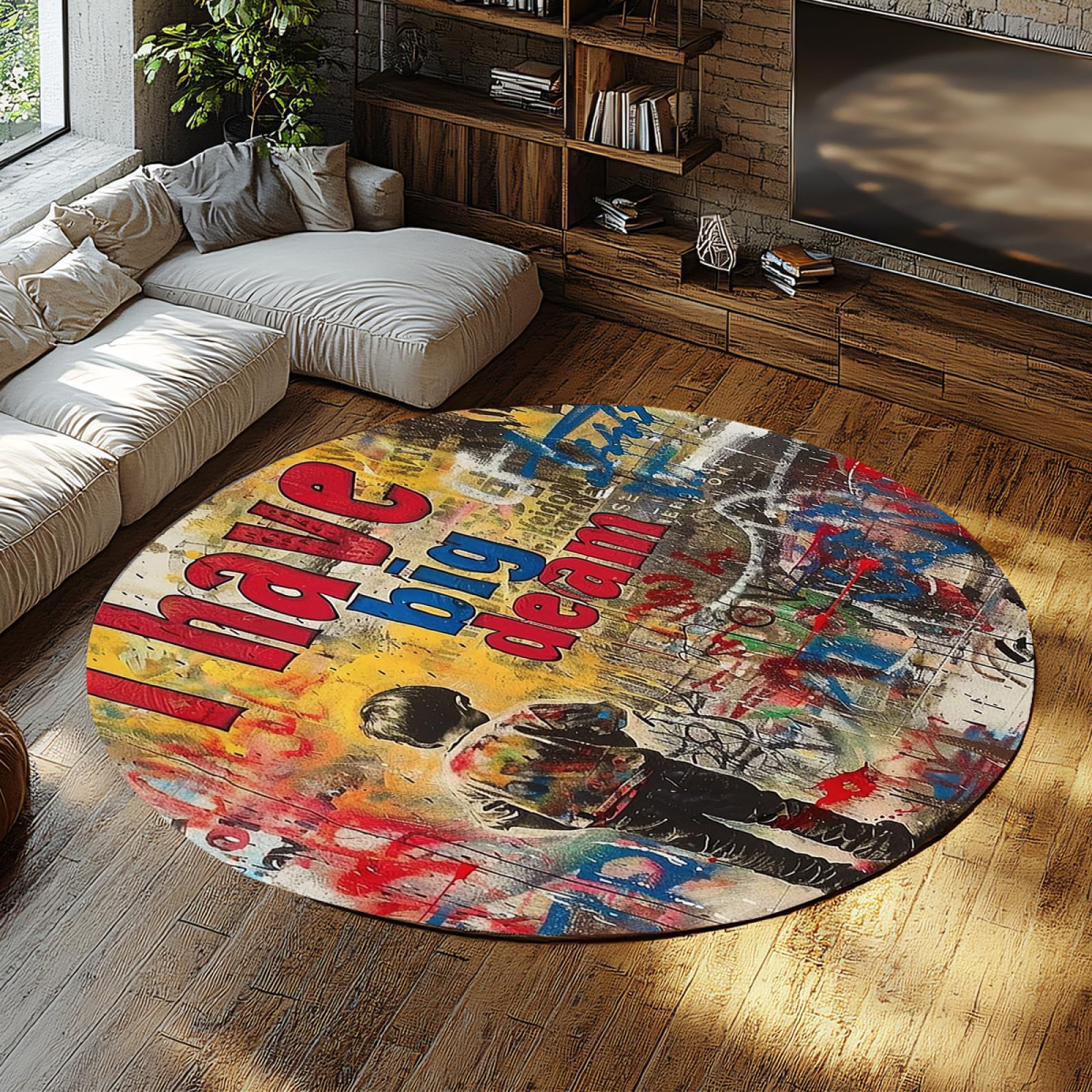 Tapis ronds graffiti anti-glissant et doux de 80cm pour un sol coloré