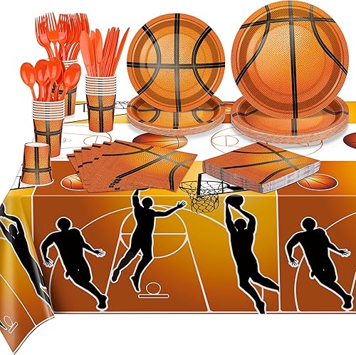 durony Paquete de 169 piezas de suministros para fiesta temática de baloncesto, incluye platos de papel, vasos, servilletas, cucharas, tenedores,