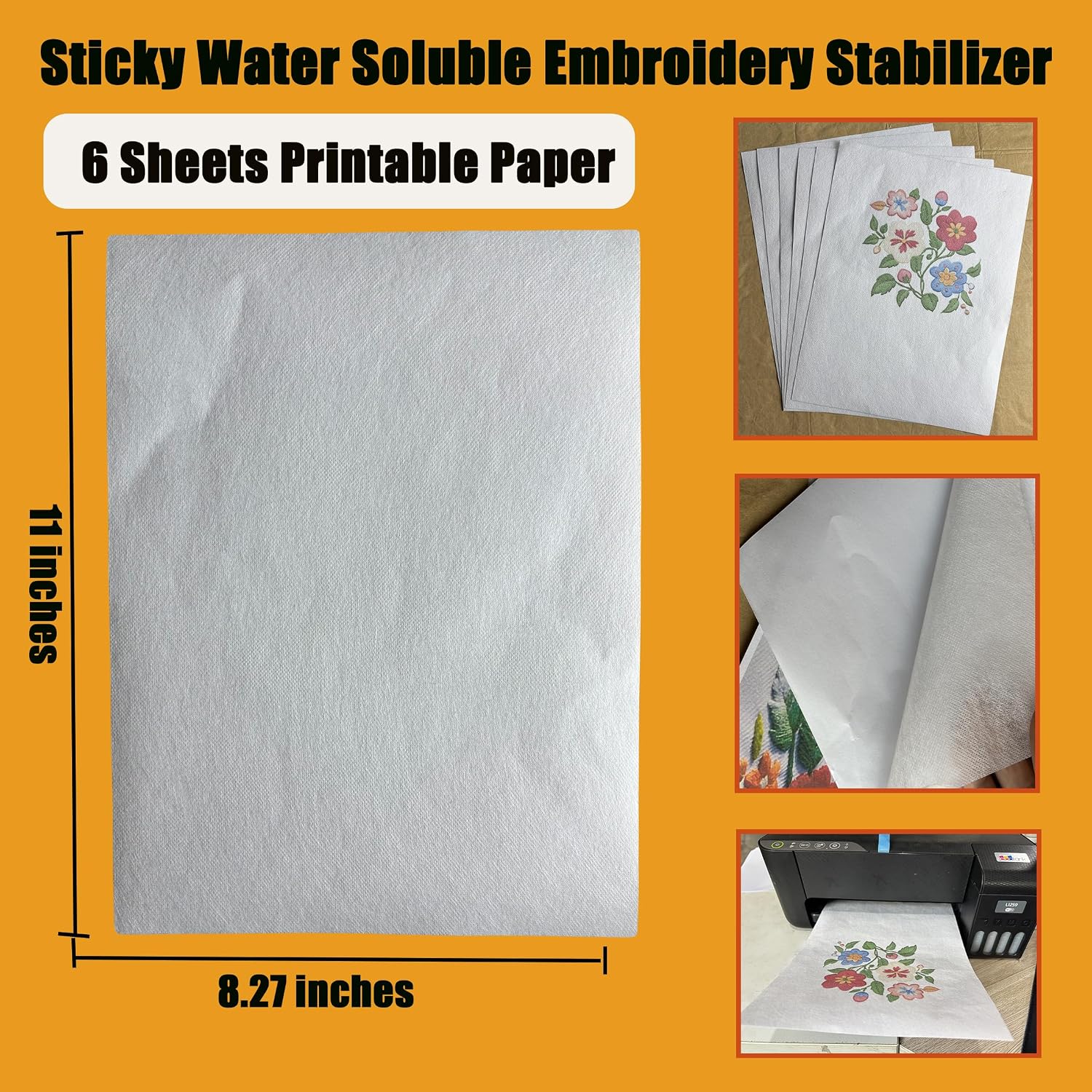 6 Sheets Water Soluble Embroidery Stabilizer Paper, 8.27 x 11 inches, Medium Weight Wash Away Stabilizer Allowed for Print or Draw Patterns