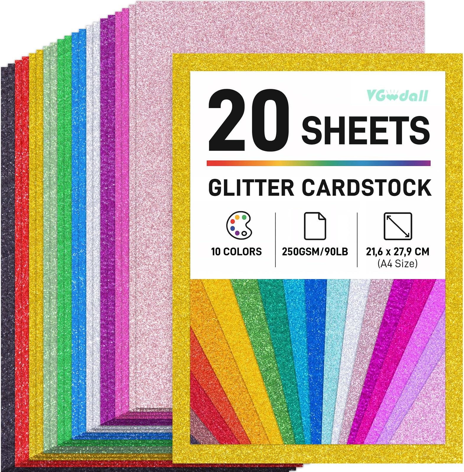 VGOODALL A4 Glitter Cardstock - 20 Sheets 10 Assorted Colours 250gsm Multi Colour Sparkle Paper for Card Making, Kids Crafts, Party Decor, Invitations, Gift Wrapping, Scrapbooking, DIY Projects