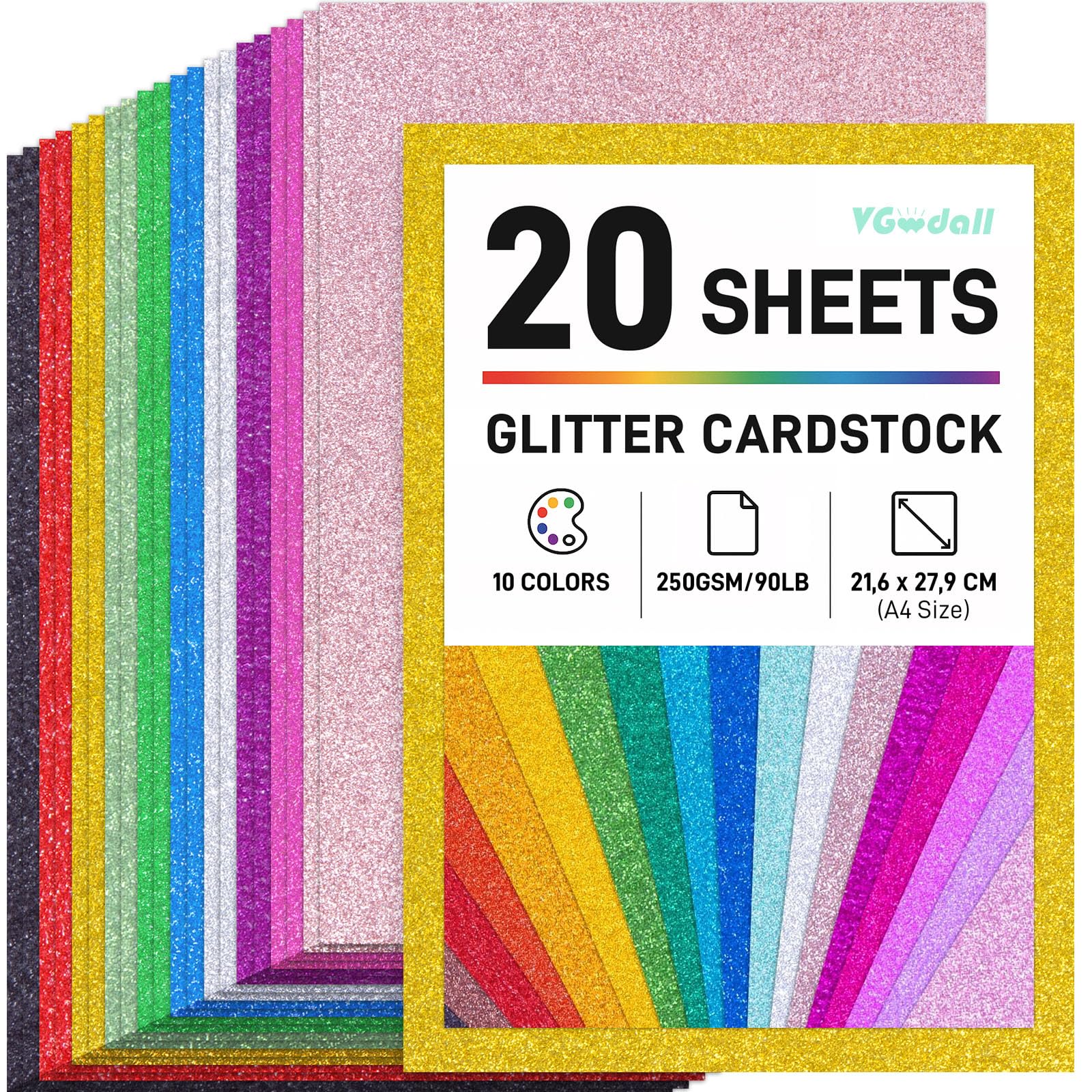 VGOODALL A4 Glitter Craft Paper, 20 Sheets 10 Colors 90lb/250gsm Sparkle Cardstock, Shiny Glitter Paper for Holiday Crafts, DIY Projects, Gift Wrapping, Scrapbooking and Decorations