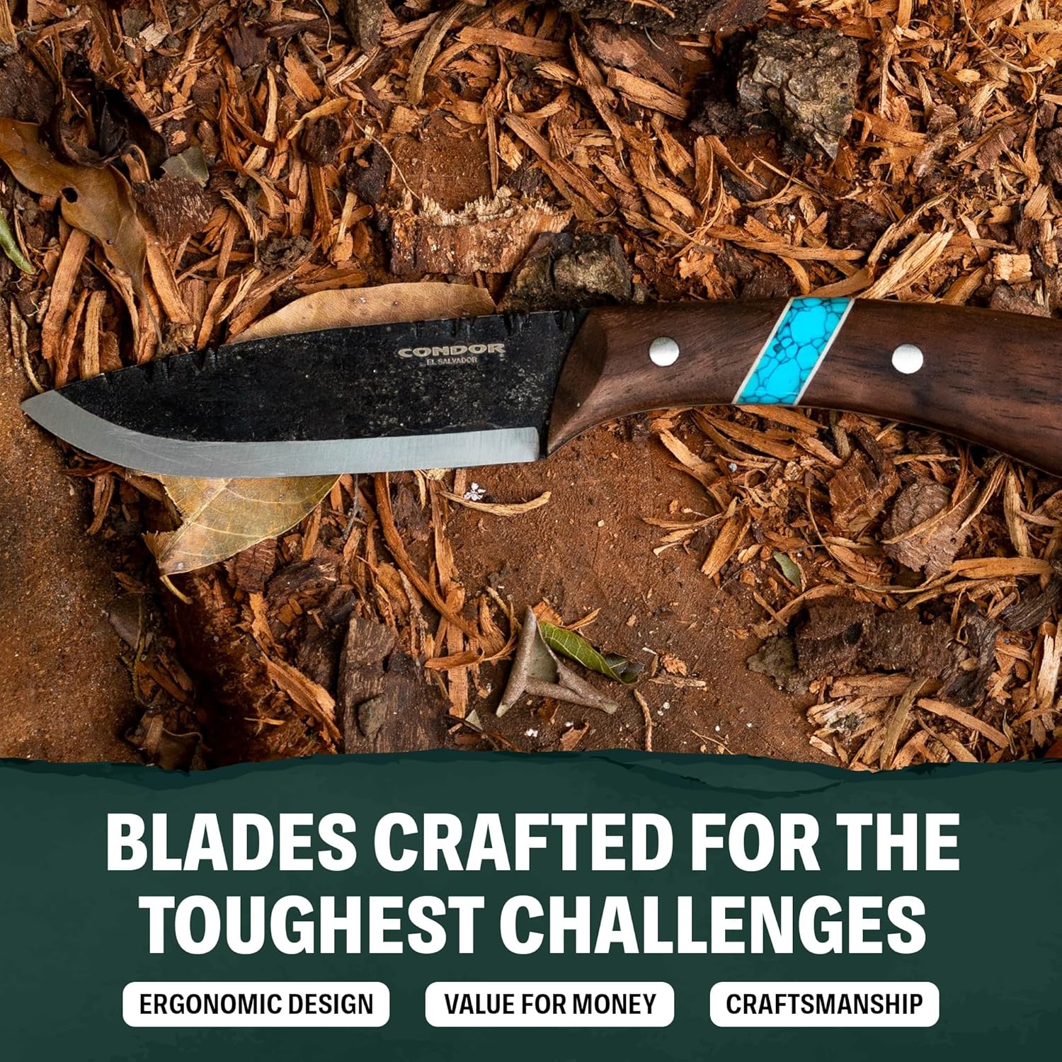 Condor Tool & Knife Blue River Fixed Blade Knife - 1095 High-Carbon Steel Blade with Full-Tang Construction - Walnut Handle with Turquoise Stone Inlay - Ideal for Bushcraft, Camping & Survival