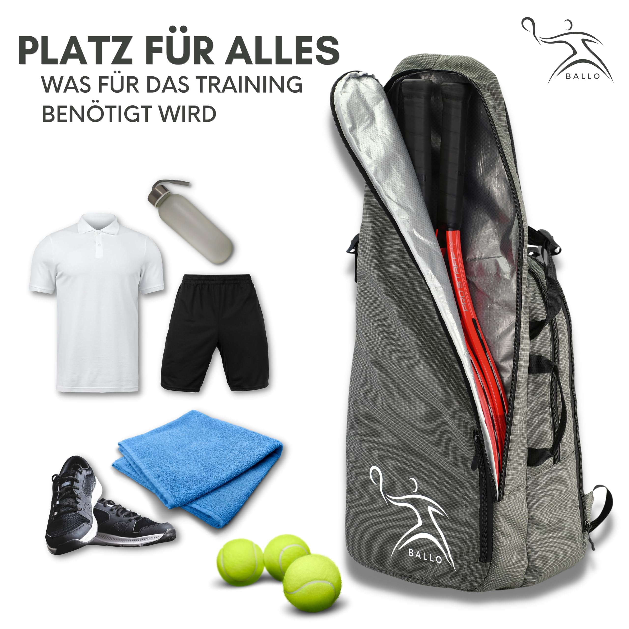 BALLO® Tennisrucksack Tennistasche [NEUHEIT] Schlägertasche Rucksack Tasche Tennis Badminton | Damen Herren mit Schuhfach & geschlossenem Schläger Fach