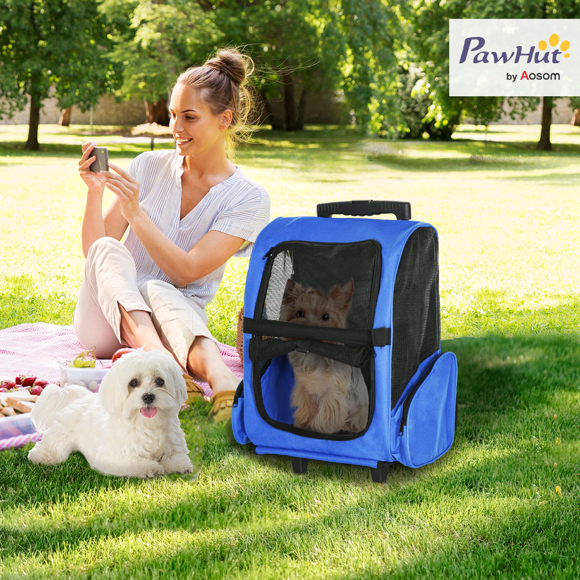 PawHut Transportín 2 en 1 para Mascotas Mochila o Carrito de Viaje para Perro y Gato con Ruedas con Asa retráctil y Bolsillos 42x25x55 cm Azul