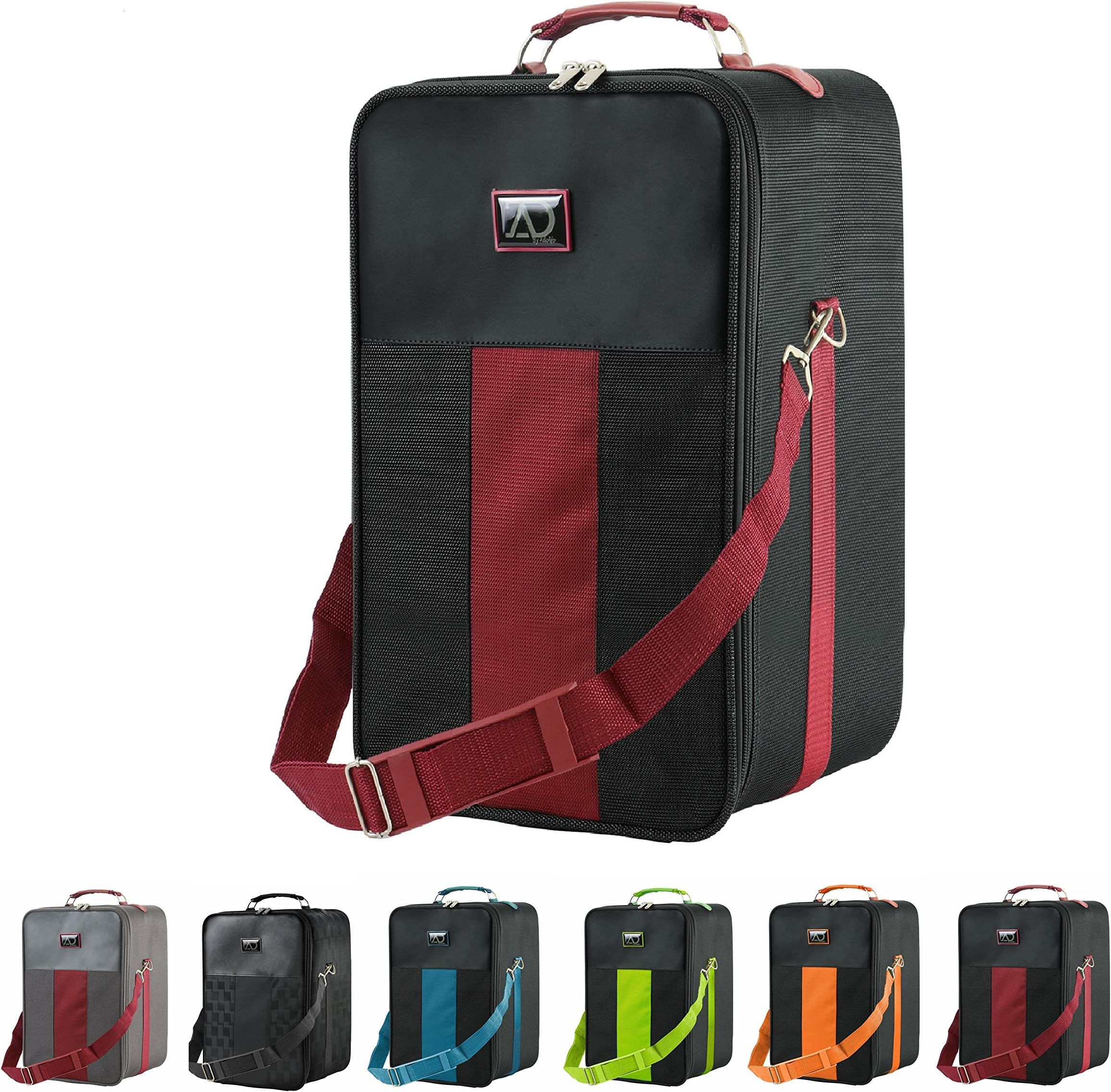 Small Wig Travel Box with Top Handle, Shoulder Strap & Double Zipper, Carrying Case with Removable Head-Holding Base - Black & Maroon - by Adolfo Design