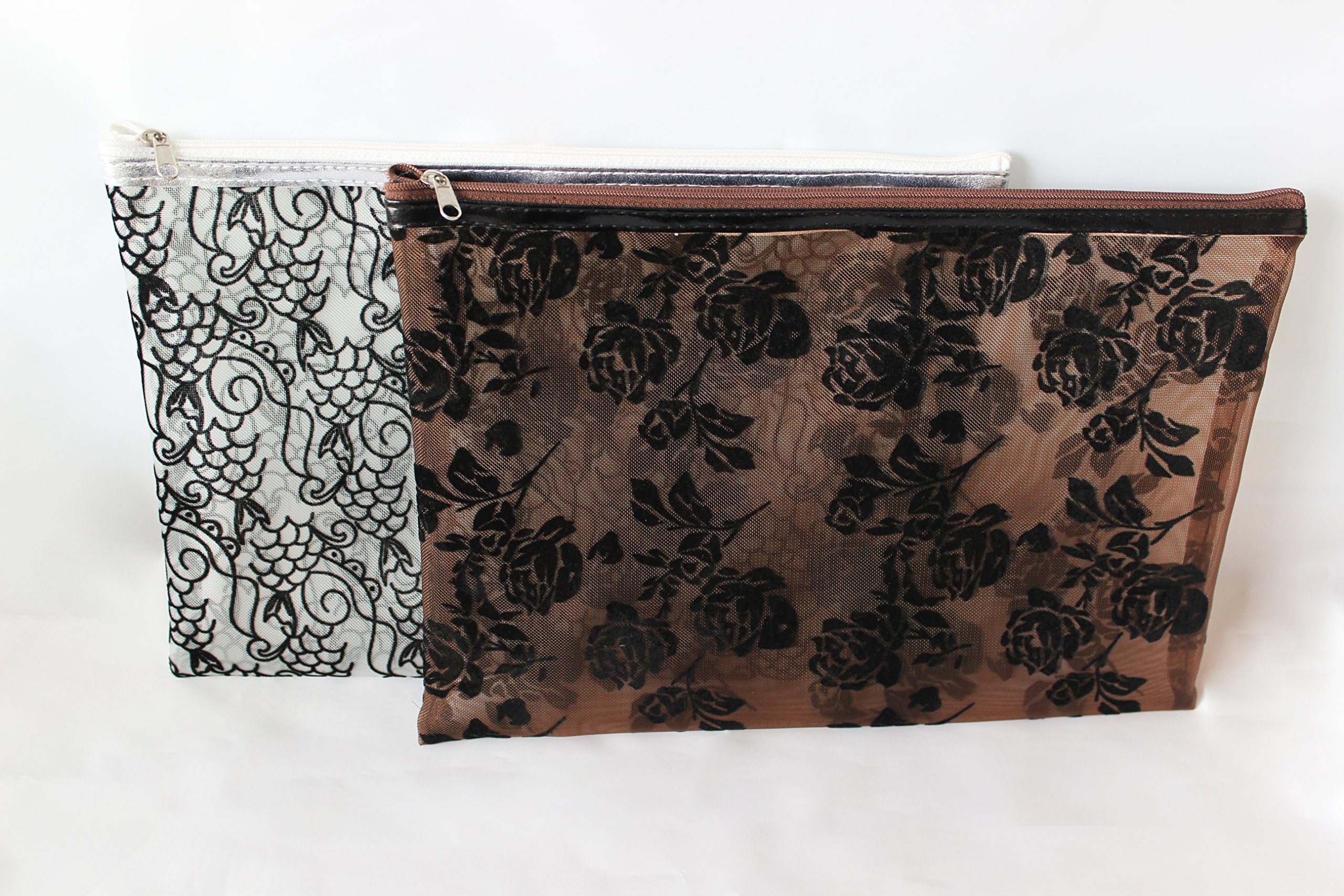 Flower Open Mesh Makeup Bag Stationery Pen Case Box with Zipper Closure (Brown)
