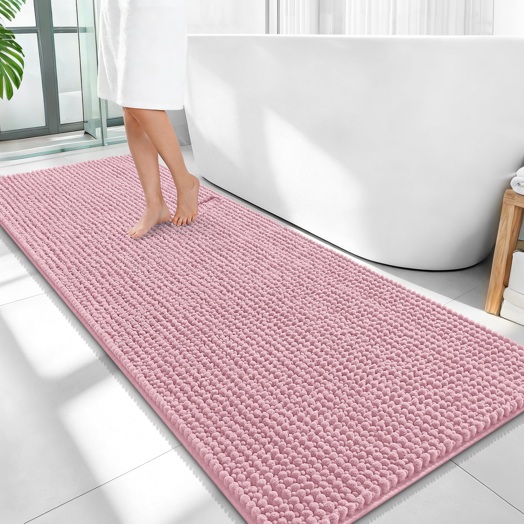 OLANLY Thick Chenille Bathroom Runner Rugs Mats 59x24, Dusty Rose