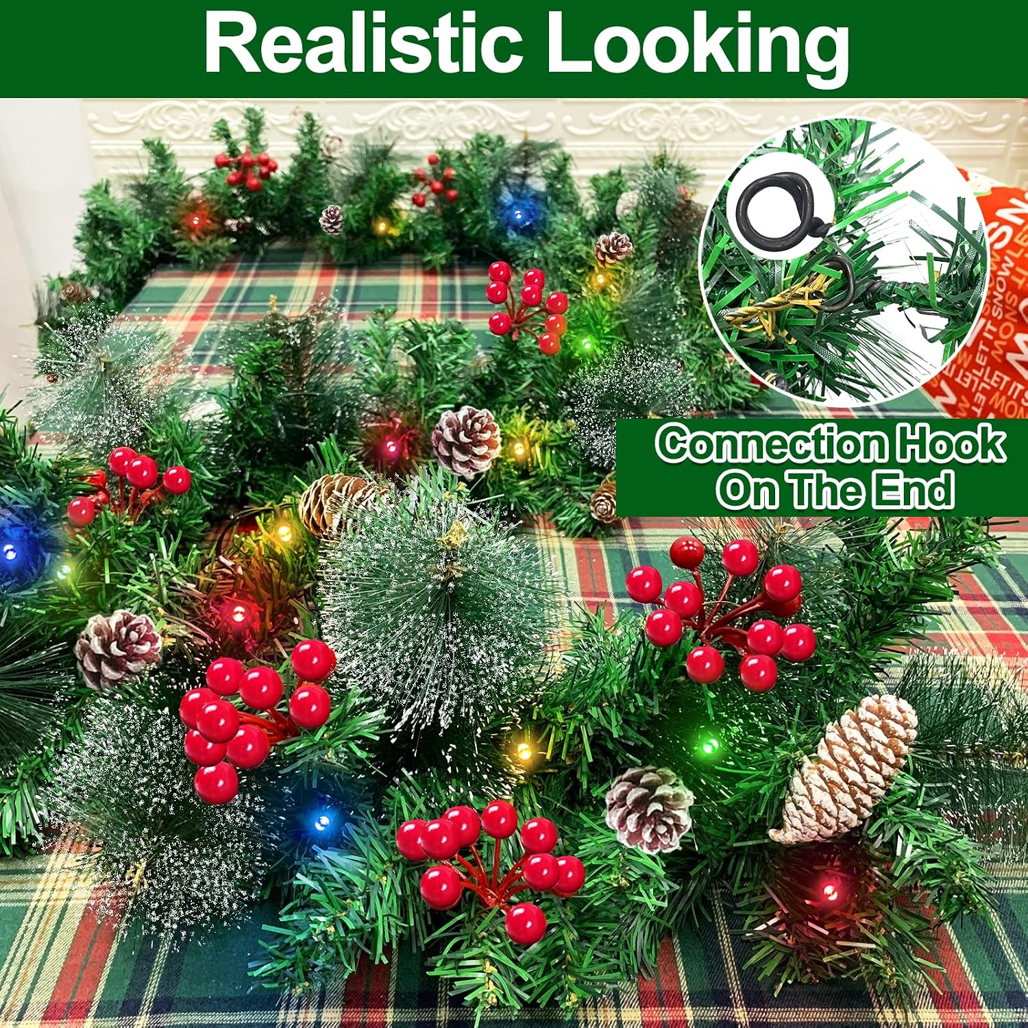 TURNMEON 9Ft 100 Lights Prelit Christmas Garland Decoration Timer 8 Modes 198 Red Berries Pinecones 30 Snowy Bristle Pine Battery Operated Christmas Decoration Indoor Home Mantle Fireplace