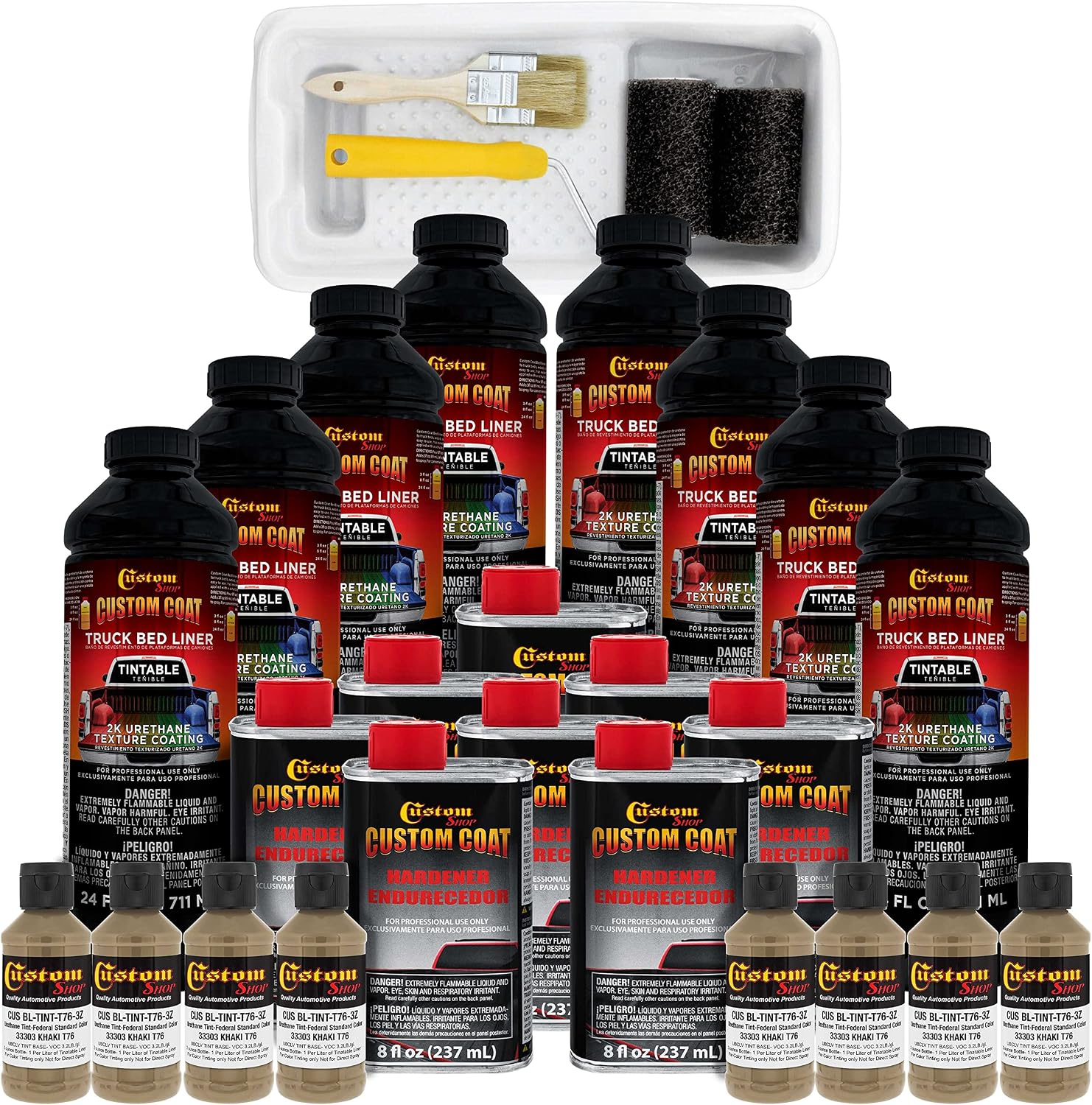 Custom Coat Federal Standard Color # 33303 Khaki T76 Urethane Roll-On, Brush-On or Spray-On Truck Bed Liner, 2 Gallon Kit with Roller Applicator Kit - Textured Car Auto Protective Coating