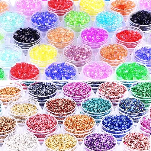 48 cajas de vidrio triturado con purpurina fina para arte de resina, pequeñas piezas de vidrio roto irregulares, chips de cristal metálico