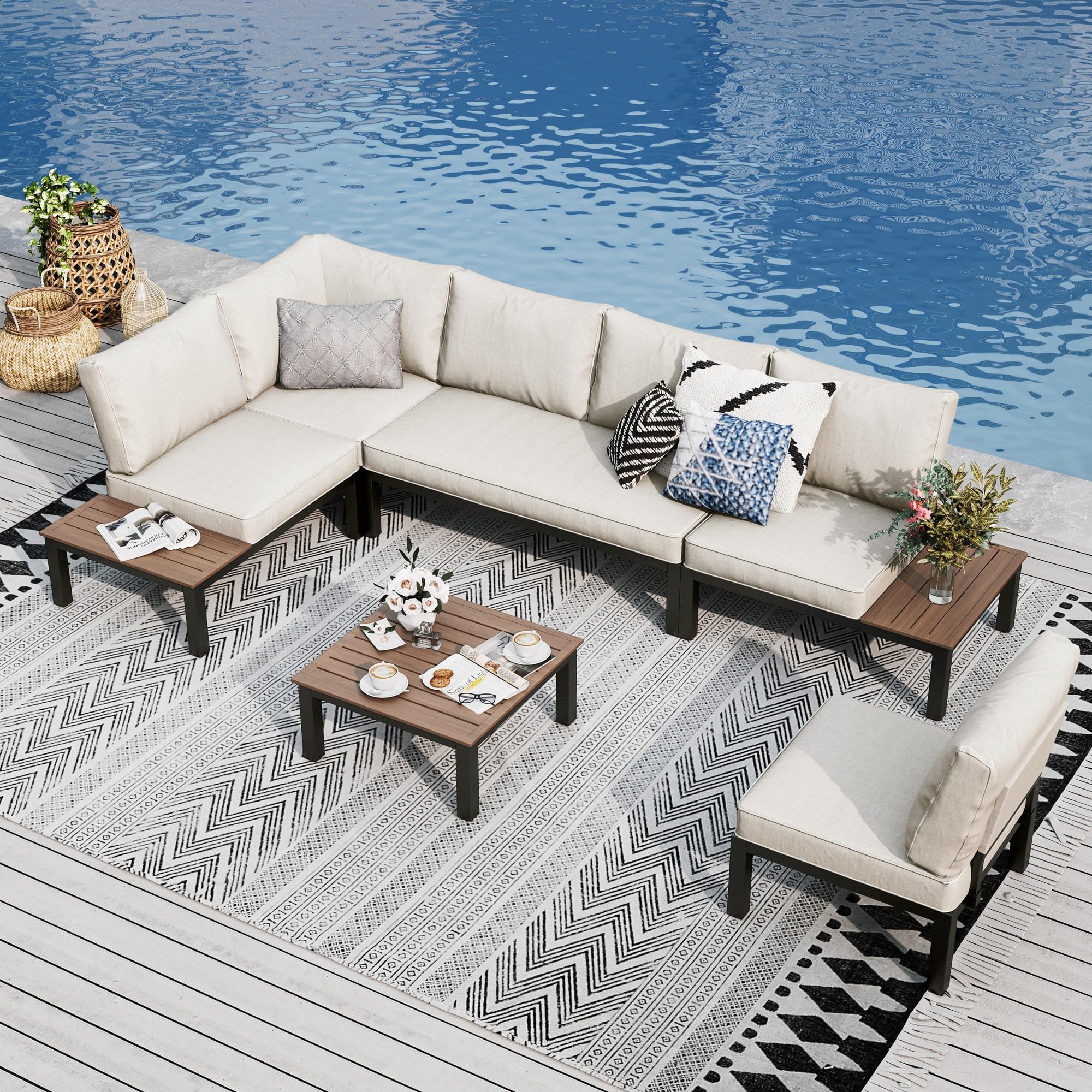 PHI VILLA Gartenmöbel Balkonmöbel Set 6 Teilig, Metall Lounge Möbel Outdoor Gartenlounge Set 6-Sitzer, Terrassenmöbel Modulare Möbel mit Verstärkten Kissen und Kaffeetisch, Beige