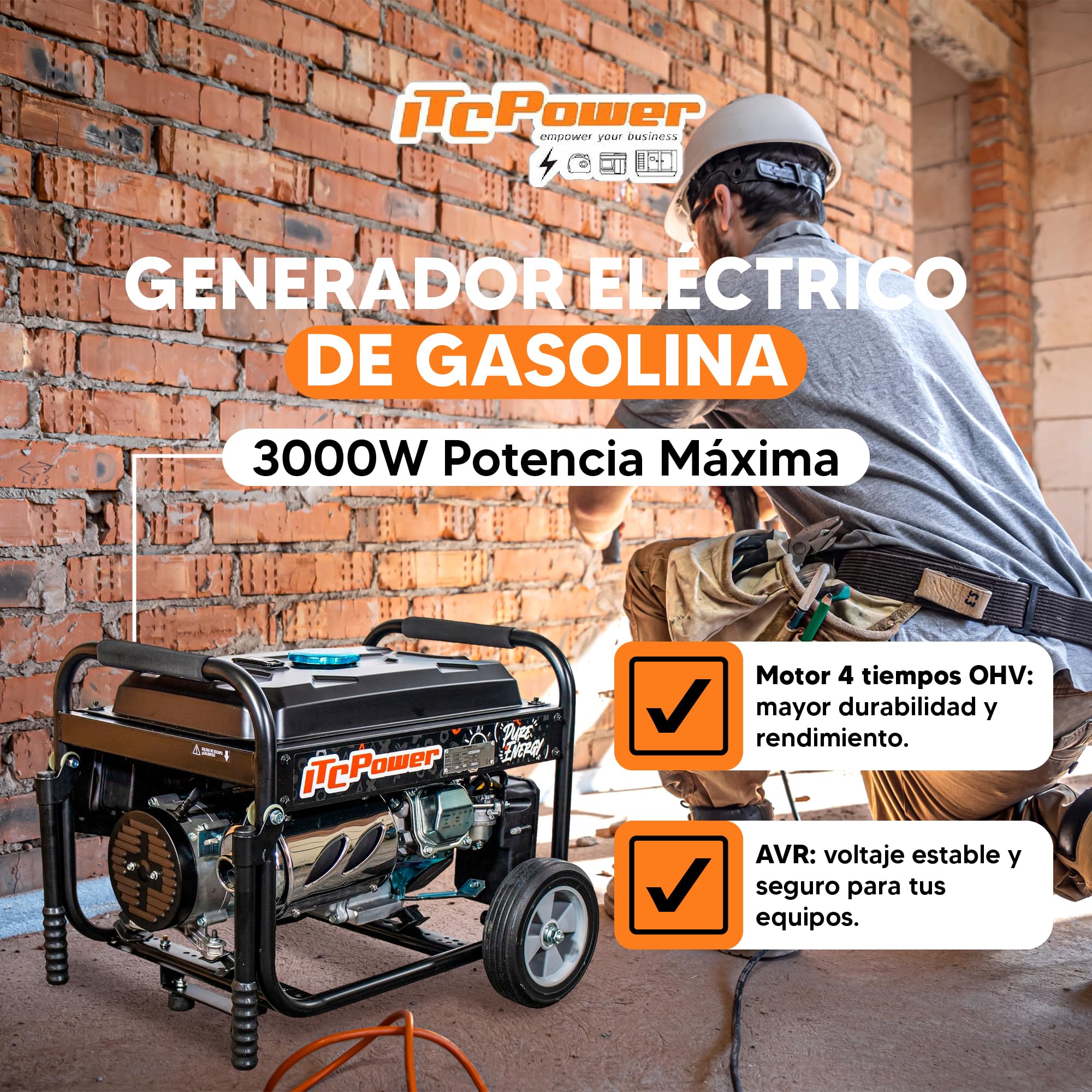 ITCPower Generatore elettrico a benzina monofase silenzioso 2800 W per uso domestico - Generatore portatile 230 V con ruote e basso consumo - 4 tempi con elevata autonomia e sicurezza