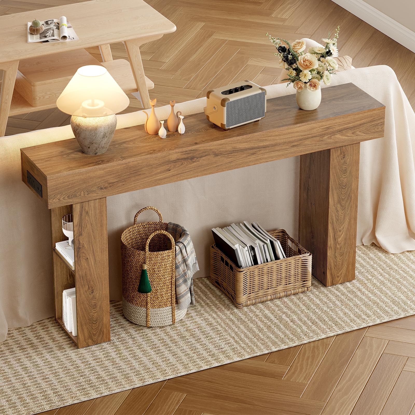 CHOEZON 63" Long Console Table, Narrow Entryway Table with Charging Station and LED Lights, 2-Tier Farmhouse Behind Couch Table with Storage, for