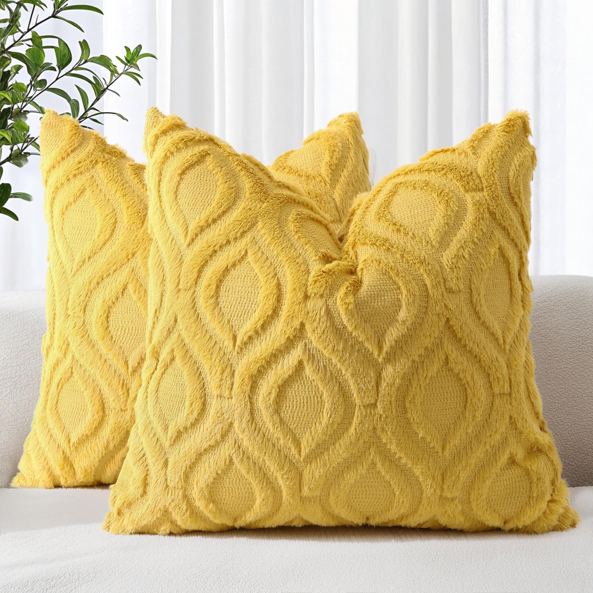 decorUhome Set of 2 Faux Fur Cushion Covers 55x55 cm, Decorative Soft Plush Fluffy Velvet Cushion Cover 22X22 Inch, Square Boho Neutral Pillow case for Sofa, Mustard Yellow