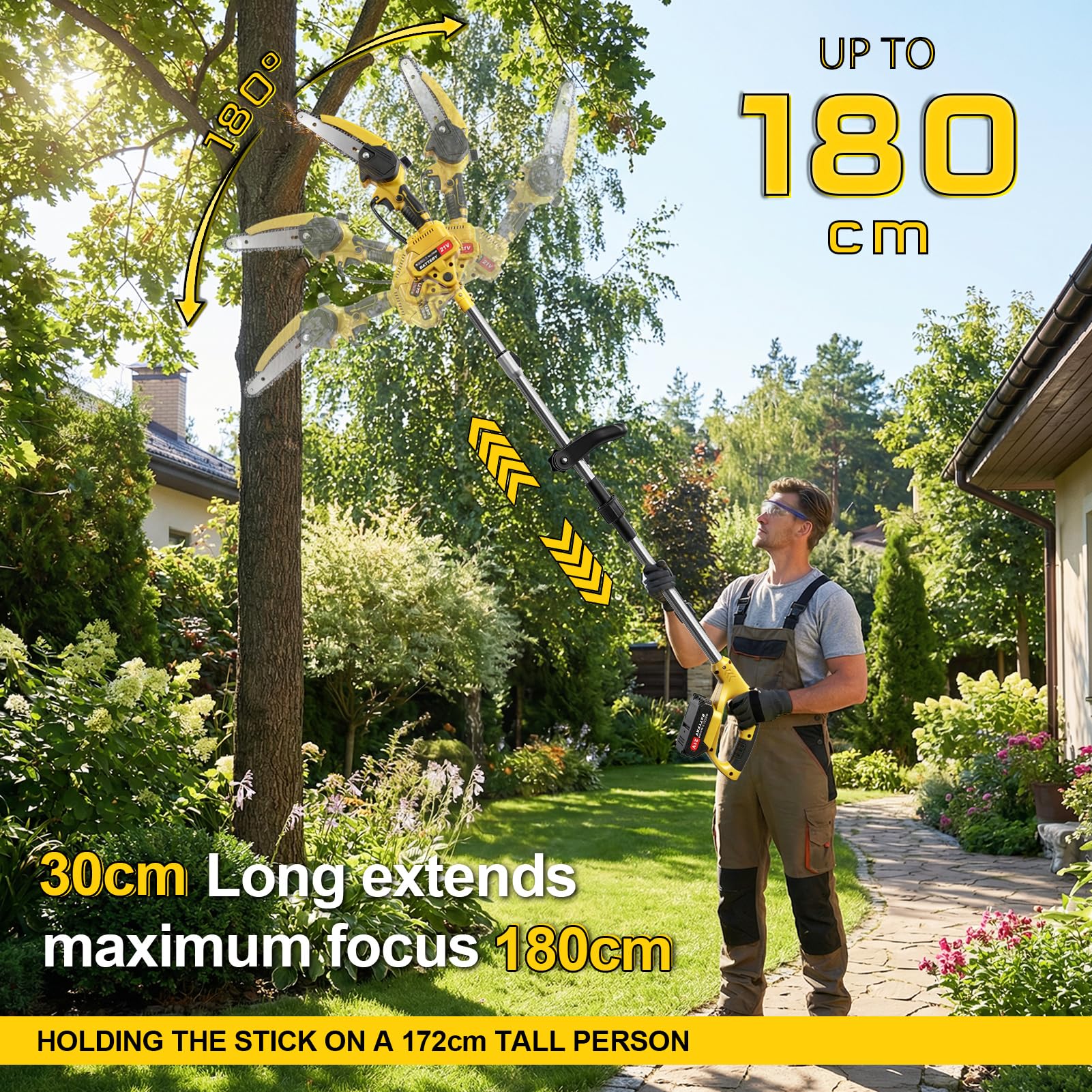 21V Akku Teleskop Hochentaster, 6 Zoll Hochentaster Akku Elektrisch,2-in-1 Teleskop Astsäge Astschere mit 2 x 2000mAh, Handkettensäge für Gartenscheren Astschere Holzschneidenz