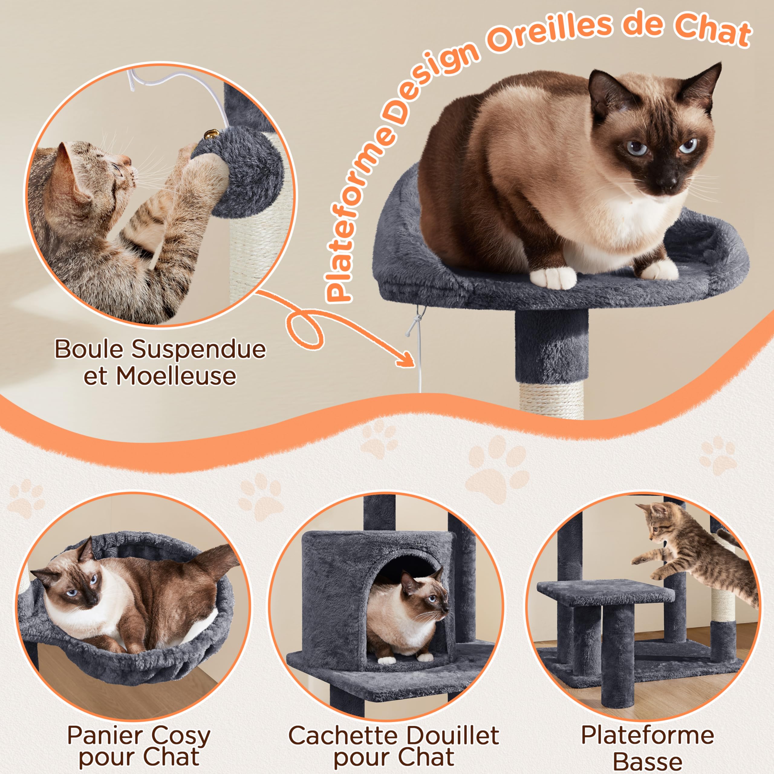 Yaheetech Arbre à Chat Multiniveau Tour pour avec Perchoir Oreilles de Cachette Panier Plateforme Poteaux Griffer Centre d’activités Taille 145 cm Haut Gris Foncé 48,5 × 40,5