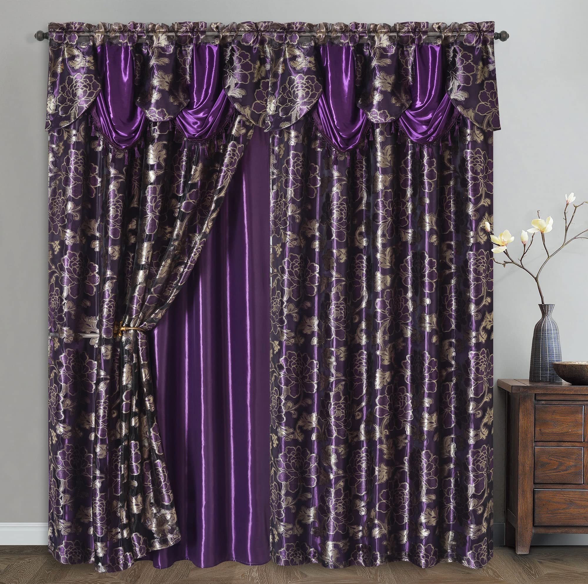 GOHD Royal ROSARIUM. Clipped Voile/Voile Farmhouse Jacquard Window Curtain Panel Drape with Attached Fancy Valance & Taffeta Backing.2pcs Set. Each pc 54" Wide x 84" Drop + 18" Valance. (Purple) - Image 2