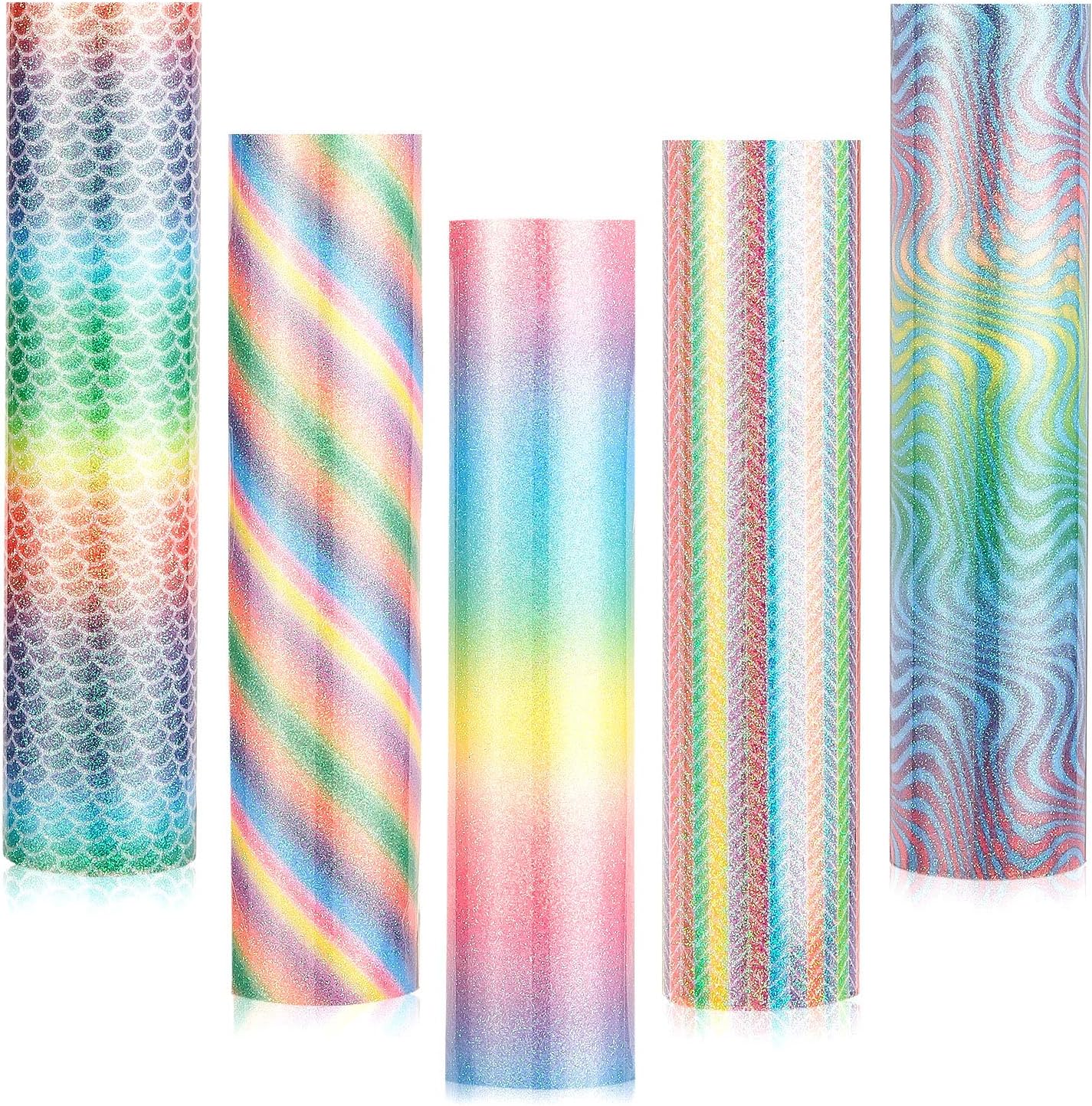Whaline 5Pcs Heat Transfer Vinyl Sheet Glitter Rainbow Color Heat Transfer Paper 5 Patterns Permanent Adhesive Backed Vinyl Pack for DIY T-Shirts, Craft Cutters, Clothing, Birthdays, Cameo, Letters