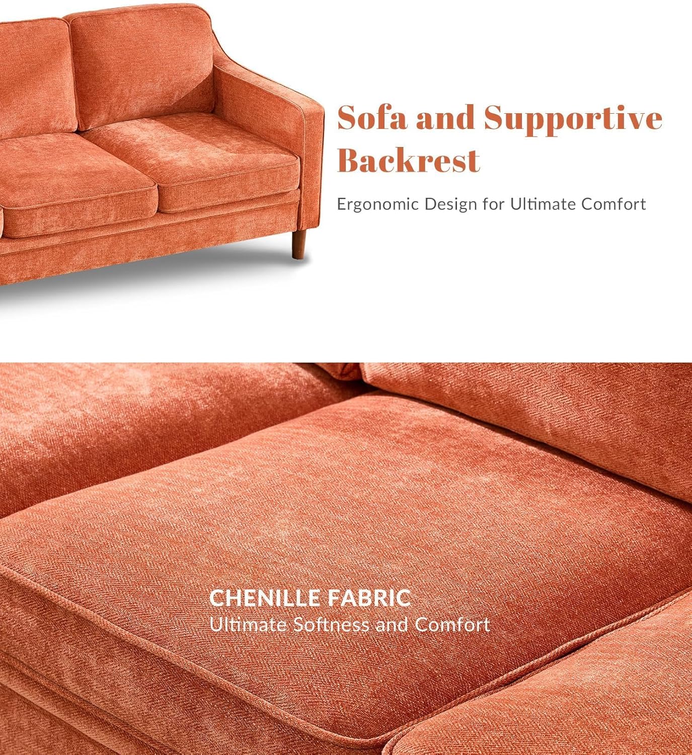 Kingfun Living Room Furniture Sets, 3 Seater Couch and 2 Armchair, Mid Century Modern Sofa Set, Chenille Couch with Solid Wood Frame for Living Room & Bedroom, Orange