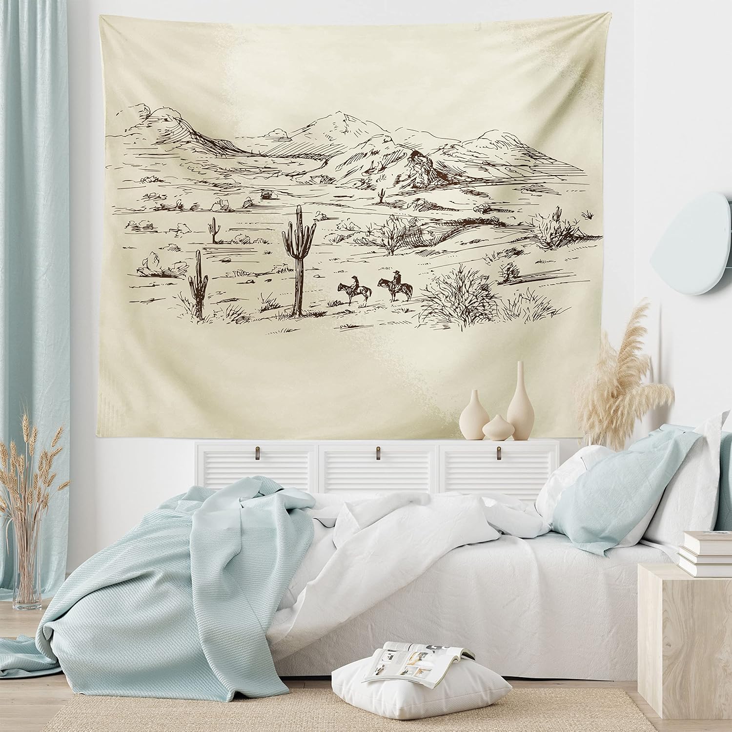Ambesonne Western Tapestry King Size, Wild West Landscape Illustration Mountains Desert Plants Cowboys on Horses, Wall Hanging Bedspread Bed Cover Wall Decor, King Size, Beige Black