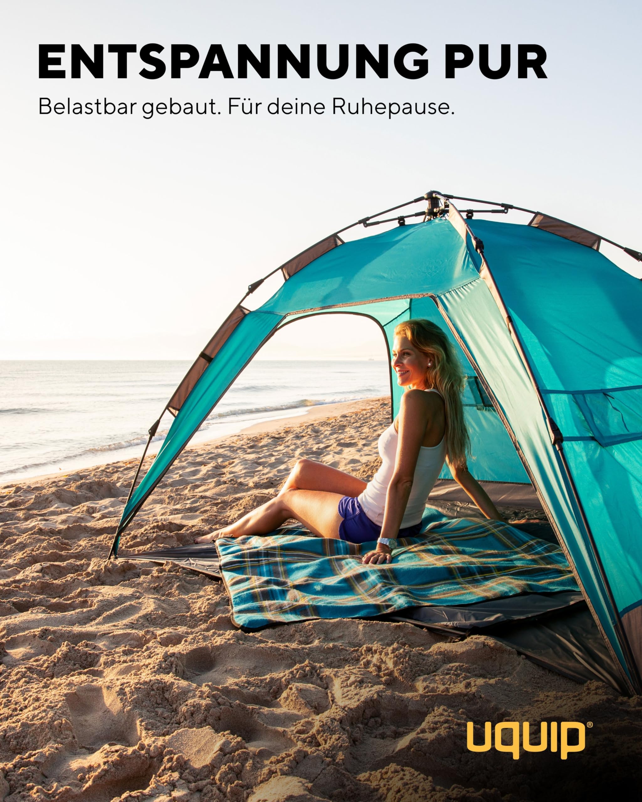 Uquip Strandmuschel Buzzy boulder 150 x 110 x 215 cm UPF 50+ Strandzelt Schutz vor Sonne Wind Regen tragbares Beach Zelt Quick-Up System