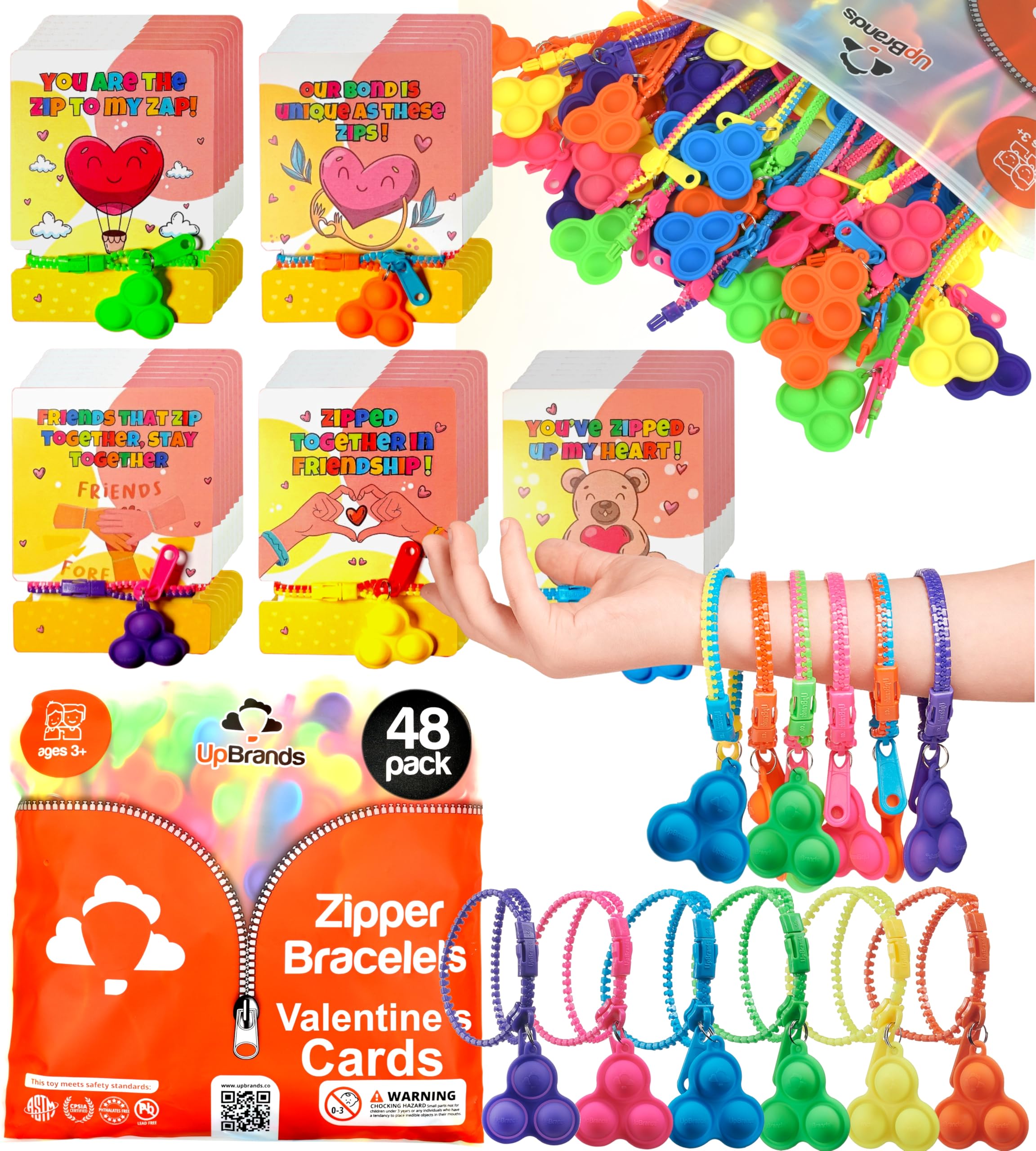 UpBrands Bulk Case of 1440 Packs Pop-It Zipper Bracelets with Valentine Cards Per Pack – Sensory Valentine Gifts for Classroom Events, Charities, and Businesses