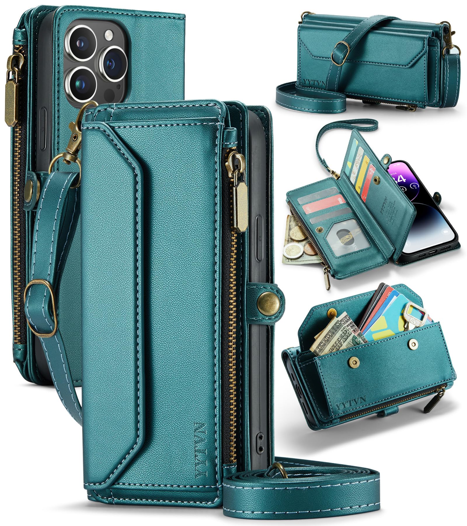 YYTVN for iPhone 14 Pro Max Wallet Case with Zipper Card Holder & Crossbody Lanyard Strap & Wrist Strap, RFID Blocking PU Leather Magnetic Flip