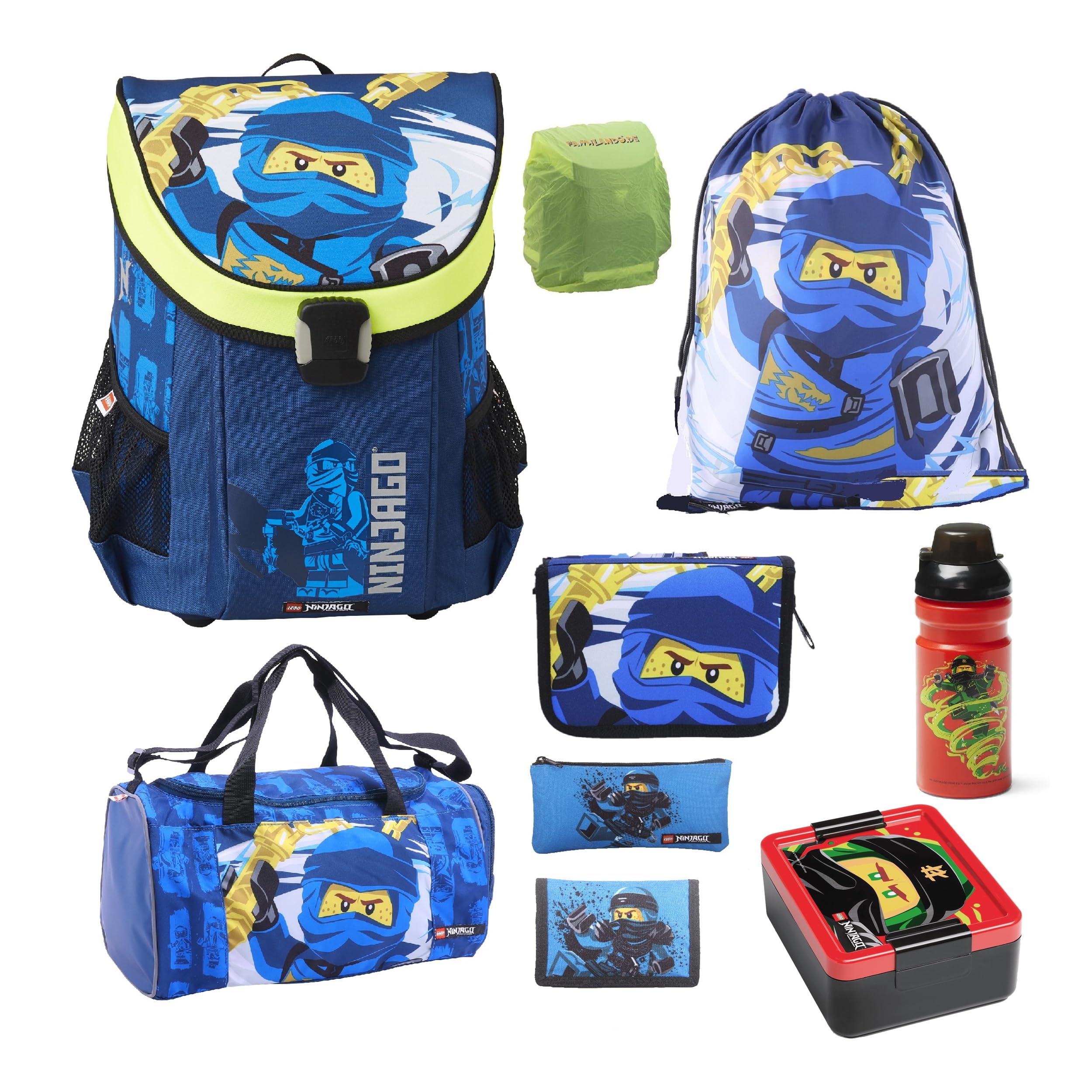 Familando - Schulranzen Set 9-teilig mit Sporttasche - Ninjago Blau - Ergonomisch, stabil & mit gepolstertem Rücken - 790g leicht mit 16L Volumen - wasserabweisend und mit Reflektoren - Ab 1. Klasse