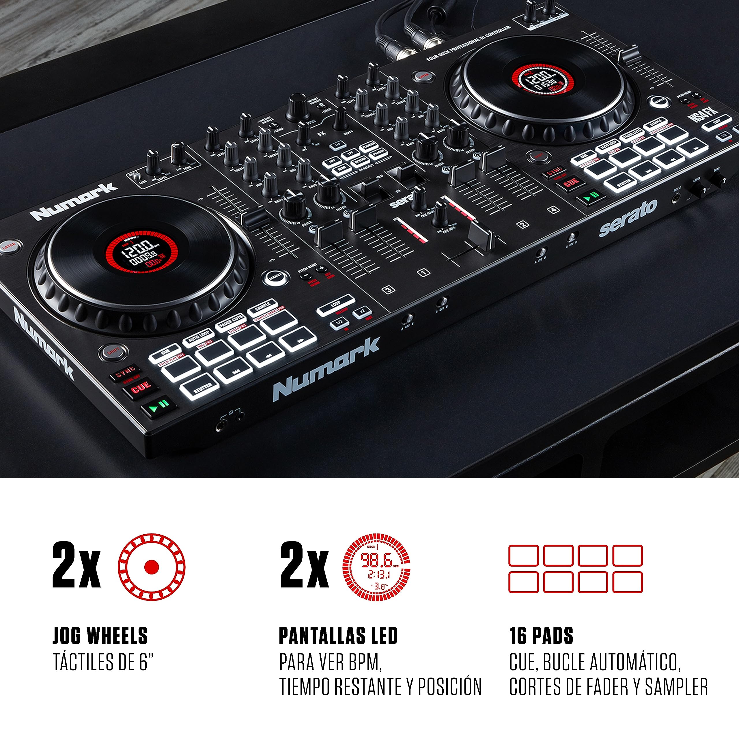 Numark NS4FX - Controladora DJ de 4 canales, jog wheels táctiles con pantallas, pads y efectos & HF175 - Auriculares de DJ de diseño cerrado, transductores de 40mm