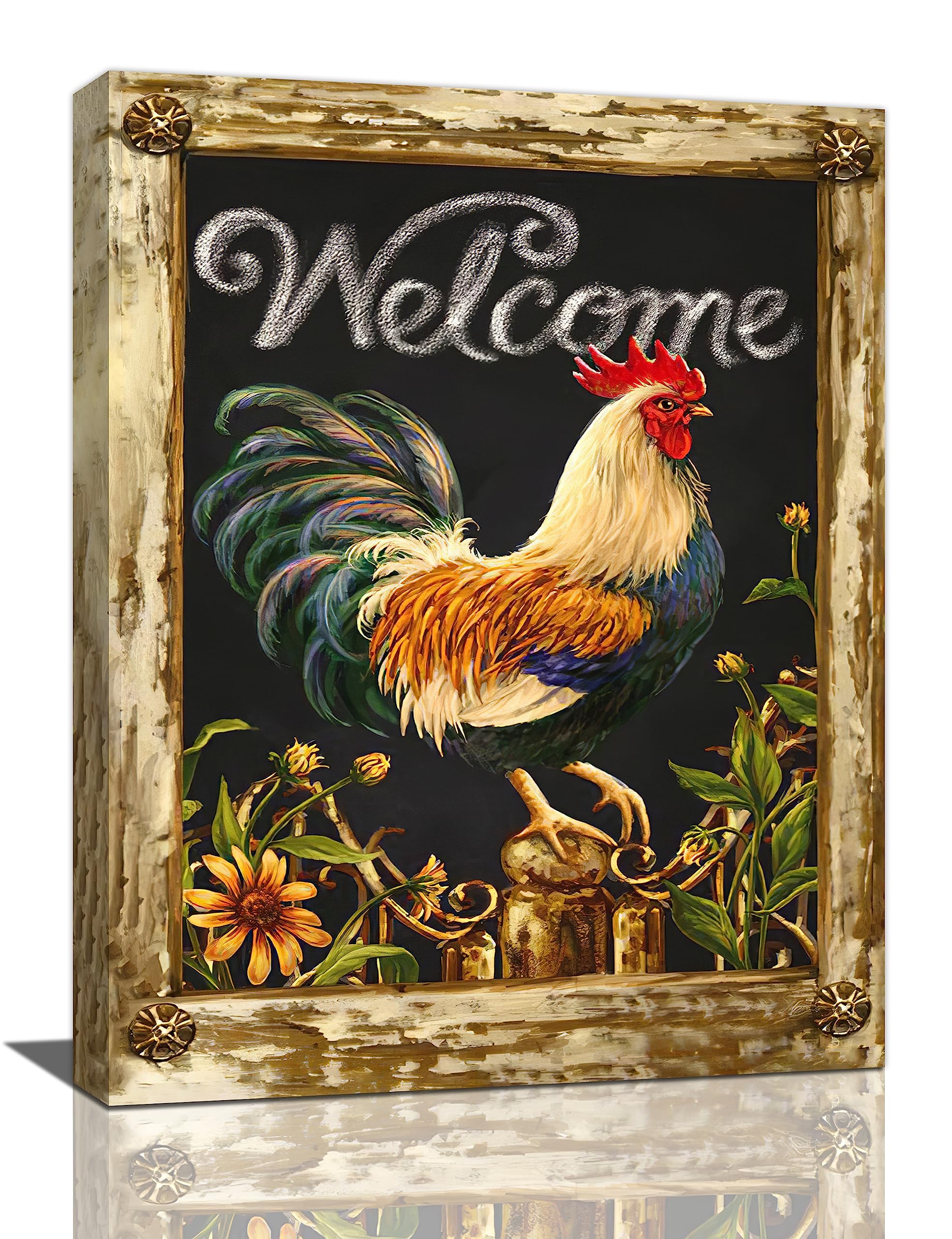 Yerretin Chicken Welcome Farmhouse Chicken Wall Art Rustic Farm Rooster Pictures Wall Decor Country Canvas Painting Modern Artwork Home For Kitchen Office Framed 12"X16"