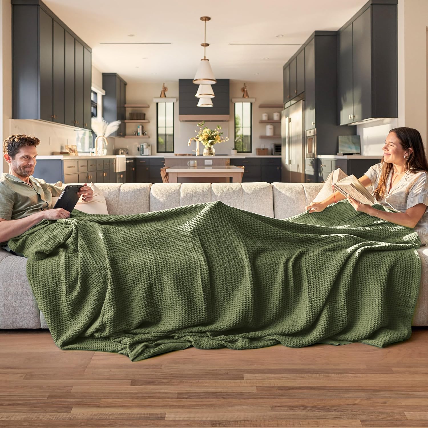 Bedsure Gentlesoft 100% Cotton Blanket King Size for Bed - Breathable and Soft, Thick Cozy Waffle Weave Christmas Blanket Gift for Women, Olive Green, 104x90 inches - Image 2