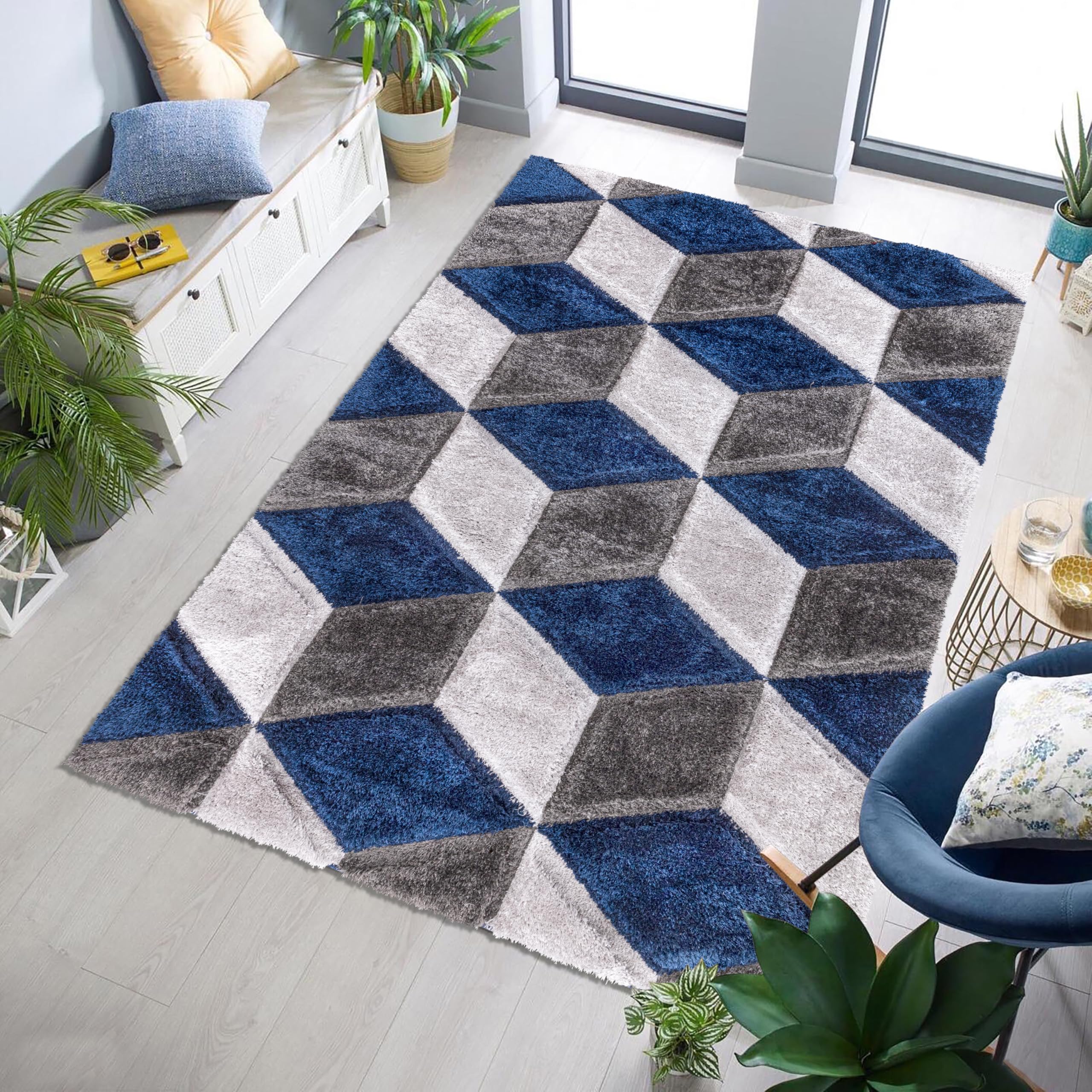 SHAZ HOME Classic Designers Luxury Shimmer Shaggy Rug Soft Thick Pile Large Area Rug for Living Room Bedroom Hallway Runner Rug Door Mat Floor Mats (Blue, 200 x 290 cm)