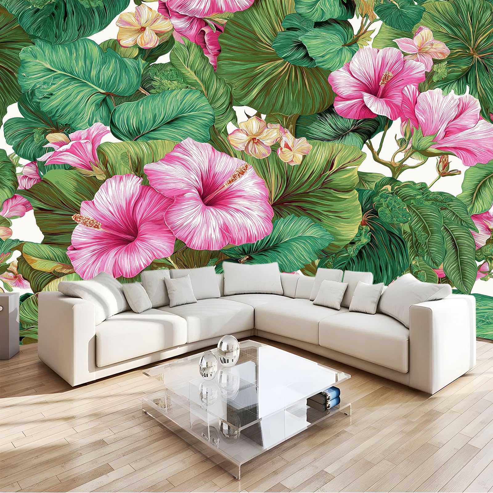 Fototapeta Retro Hibiskus Liście Egzotyczne Kwiaty 200 x 140 cm - Tapeta z włókniny (TNT) efekt 3D, dekoracyjna fototapeta do salonu, sypialni i jadalni - zielona