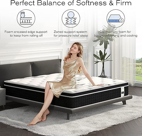 Miniatura 3 de Martisiluna - Colchón de espuma viscoelástica de gel híbrido de 105 pulgadas en una caja resortes interiores envueltos individualmente para aliviar