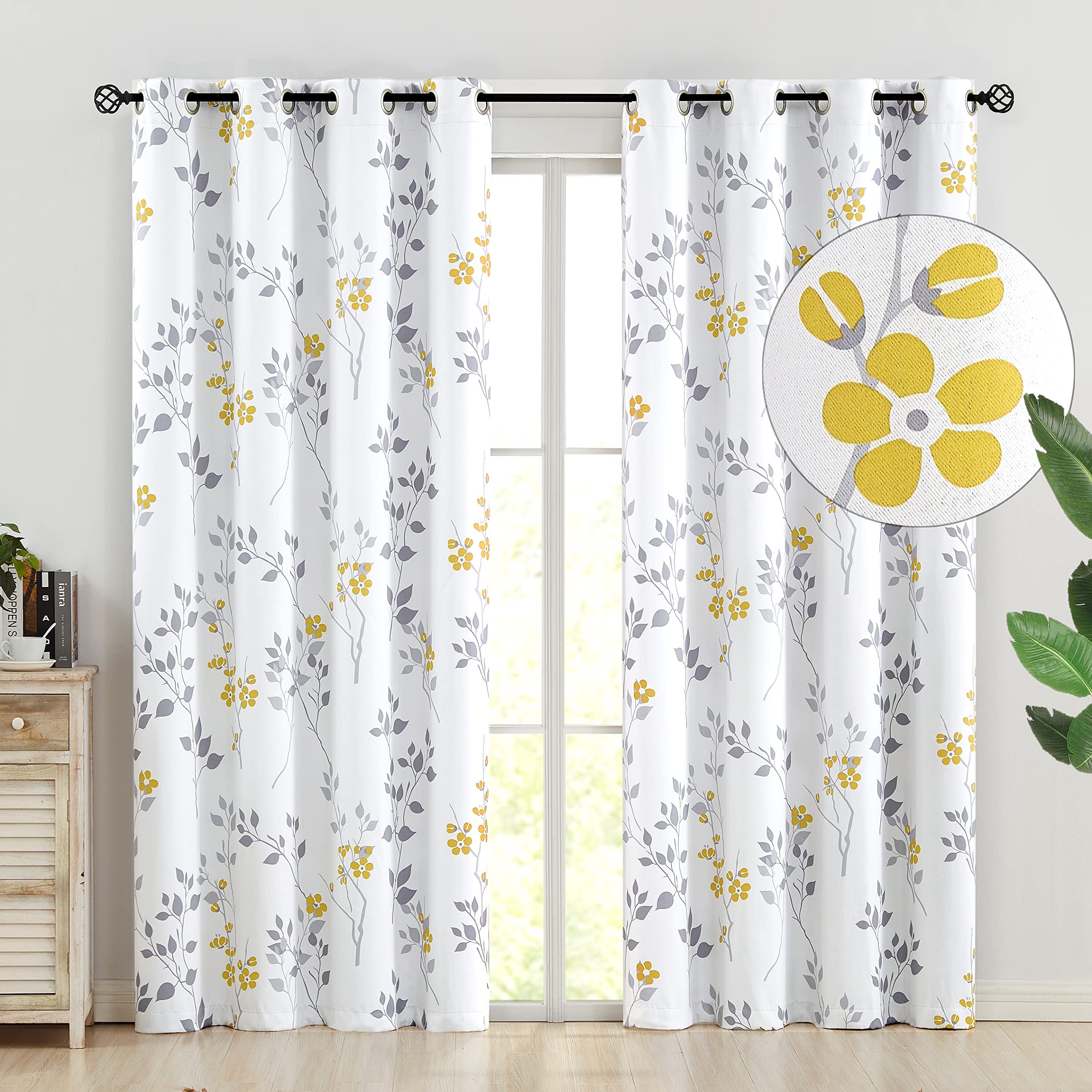 Beauoop Cortinas opacas amarillas con diseño de hojas y flores, cortinas vintage con ojales, cortinas opacas para granja, salón, dormitorio, juego de 2, 132 x 245 cm (alto x ancho)